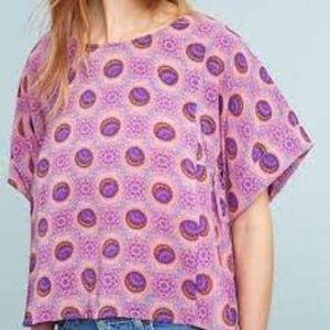 Anthropologie Maeve Milla Blouse Pink Short Sleeves Orange Print Swing Top